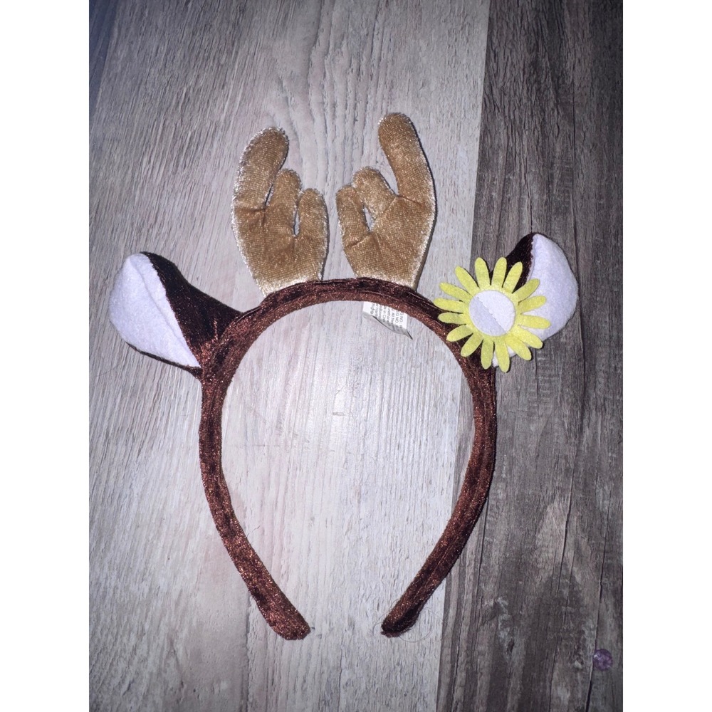 Brown Reindeer Antler Headband with Ears and Yellow Daisy Flower Accent